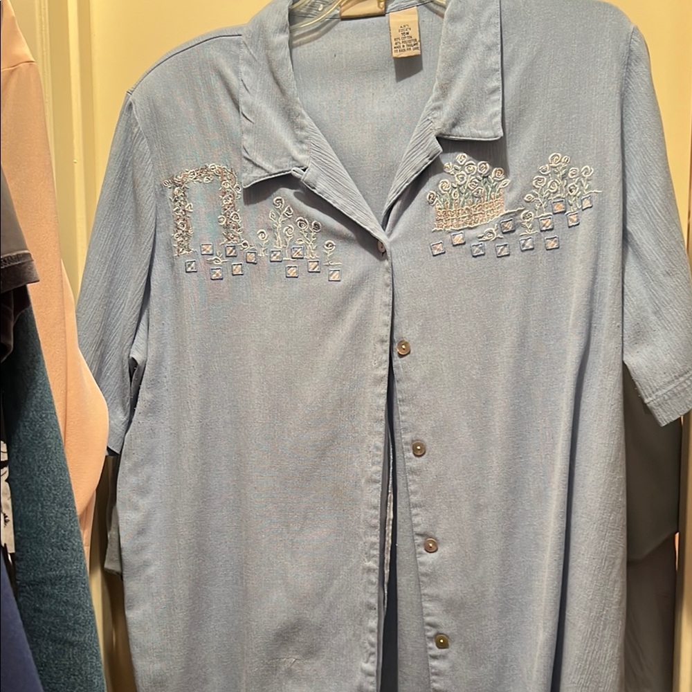 Blue Casual Button Down Shirt with Embroidered Details